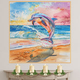 Watercolor Painting of Vibrant Dolphin Leaping Above Ocean Shore with Splashing Waves and Sunset Reflections on the Sand on Ready to Hang 1.5" Thick Canvas Wrap, Floating Framed Canvas, Flat Rolled Canvas